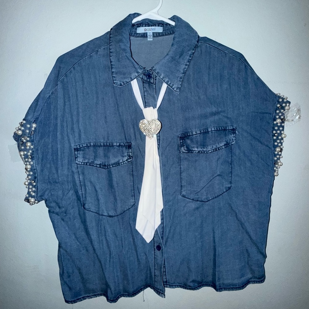Blue Denim Button Down Shirt with Pearl Details